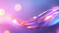 Glowing fiber optic waves with pink and blue light effects on blurred bokeh background create modern technology and communication concept.