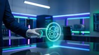 Businessman in dark suit touching glowing green gear hologram on futuristic digital interface, representing technology innovation and industrial automation solutions.