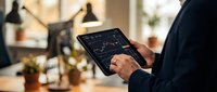 Professional businessman analyzing financial data and stock market charts on digital tablet in modern office workspace for investment decisions.