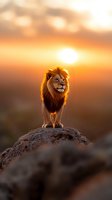 Majestic male lion standing on rock against dramatic orange sunset sky, backlit mane glowing in golden light, powerful silhouette symbolizing leadership and strength.