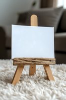 Wooden mini easel with blank white canvas on fluffy carpet, featuring rustic driftwood detail and natural pine legs. Creative art workspace setup.