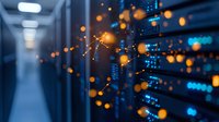 Futuristic server room with glowing orange and blue network connections, data transfer visualization, and illuminated server racks for technology, cloud computing, and digital infrastructure concepts.