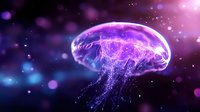 Luminescent jellyfish with glowing purple and blue bioluminescence floating in dark waters, magical underwater creature emitting ethereal light and sparkles.