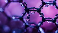 Macro photography of water droplets on hexagonal molecular structure against purple background, showing surface tension and scientific concept visualization.