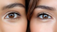 Close up view of brown eyes with natural makeup, long eyelashes and groomed eyebrows showing professional beauty and cosmetic artistry on mixed race female model.
