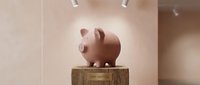 Pink ceramic piggy bank sitting on wooden pedestal in modern minimalist gallery space with warm lighting and clean architectural design for savings concepts.