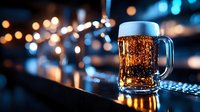 Glass mug of dark beer with foam on bar counter in nighttime city setting with bokeh lights creating warm atmospheric pub scene for hospitality concepts.