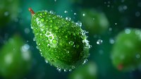 Fresh green lime with water drops and splashes on dark background with bokeh effect, macro photography for beverage and cocktail advertising.