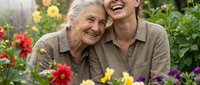 Senior woman with gray hair and middle-aged woman with brown hair, both smiling, embracing in a colorful flower garden with red, yellow, and purple blooms. Represents family bonding, gardening hobby, and intergenerational relationships.