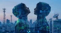 Digital twin silhouettes with circuit board overlay against telecommunications tower cityscape at dusk for technology and AI concept presentations.
