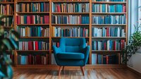 Modern turquoise armchair against wooden bookshelves filled with colorful books in cozy home library corner, natural light from window, indoor plant decoration.