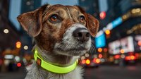 Small brown and white mixed breed dog wearing bright green reflective collar in urban city street at night with colorful bokeh lights background.