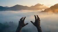 Hands reaching toward misty mountain sunrise with golden light breaking through fog and valley below creating spiritual moment of hope and connection.