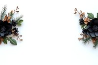 Elegant black paper flowers with copper branches and green leaves create symmetrical corner decorations on white background, perfect for wedding stationery.