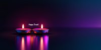 Traditional oil lamps with glowing flames casting colorful reflections on dark background, Happy Diwali text, spiritual festive atmosphere for greeting cards.