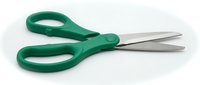 Green scissors with stainless steel blades isolated on white background, ready for craft, office, and design projects.