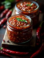 Homemade spicy chili sauce in glass jars with fresh red peppers and herbs on wooden cutting board for cooking and food preservation.