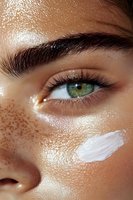 Close-up of green eye with natural freckles and white moisturizer or cream streak on cheek, showing skincare and beauty concept with dewy glowing skin.