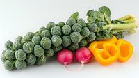 Fresh organic vegetables on white background - brussels sprouts stalk with bright red radishes and sliced yellow bell peppers showing vibrant natural colors and textures.