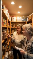 Two senior Caucasian women organizing well-stocked pantry with wooden shelves, canned goods, and storage containers in modern home kitchen.
