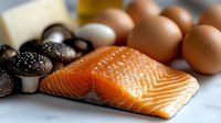 Fresh salmon fillet with organic eggs, black truffles, and olive oil on marble surface, showcasing premium ingredients for gourmet cooking and fine dining preparation.