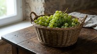 Fresh green grapes in woven basket on rustic wooden table by window, ideal for food, agriculture, harvest, and culinary content.