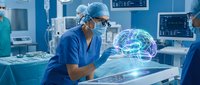 Male surgeon in blue scrubs and surgical mask performing brain surgery with holographic brain visualization in modern operating room with medical equipment.