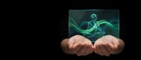 Businessman hands presenting glowing green energy waves on dark background for technology and innovation concepts.
