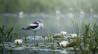 Elegant shorebird wading through tranquil wetland waters surrounded by blooming white water lilies and lush green aquatic vegetation in natural habitat.