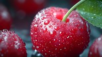 Fresh ripe red cherry with water drops and green leaf in macro shot. Natural organic fruit with morning dew on dark background for healthy food concept.