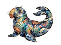 Decorative seal with ornate patterned body featuring floral and geometric designs in gold, blue, and turquoise tones. Isolated clipart suitable for children's books, educational materials, and design projects.