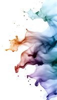Flowing abstract ink in turquoise, orange and purple creates ethereal smoke-like shapes on white background, with delicate color transitions and floating droplets.