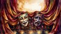 Theatrical comedy and tragedy masks with golden accents displayed against luxurious burgundy velvet curtains and warm stage lighting, suitable for performing arts promotions.