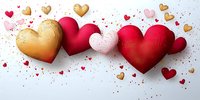 Romantic hearts collection in gold, red and pink colors with sparkles and confetti scattered on white background for Valentine's Day celebrations.