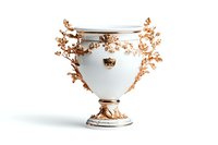 Elegant white ceramic vase with ornate copper-colored floral details and decorative handles on pedestal base against white background, isolated for design use.