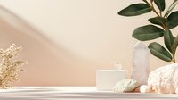 Minimalist bathroom accessories on beige background with ficus plant, cotton towel and natural decor elements creating spa atmosphere.