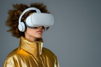 Young African American woman wearing VR headset and golden jacket experiencing virtual reality technology on gray background for futuristic concepts.