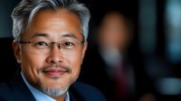 Mature Asian businessman with gray hair and glasses smiling confidently at camera. Professional corporate headshot with blurred office background.