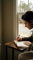 Young man writing in notebook by window with natural light for creative work and journaling at home desk.