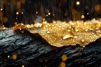 Golden autumn leaf with water drops on dark stone in rain, magical bokeh lights creating dreamy atmosphere. Natural macro photography for seasonal designs.