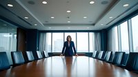 Professional businesswoman standing confidently in modern corporate boardroom with large conference table and city view windows for leadership presentations.