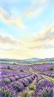 Lavender field landscape with rolling hills, purple flowering plants, and soft sky in watercolor style, suitable for wall art, travel posters, and nature-themed designs.