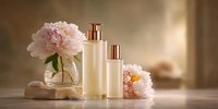 Elegant cosmetic bottles with pink peonies on wooden surface, creating luxurious spa atmosphere for beauty product advertising.