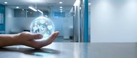 Close-up of hand holding glowing globe in modern office server room, representing global connectivity, data management, and international business solutions.