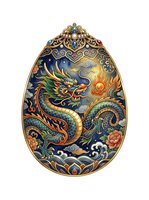 Ornate egg-shaped pendant featuring an intricately detailed dragon design with gold filigree borders, vibrant enamel work in blues, greens, and reds, isolated on white background for design use.
