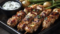 Grilled chicken kebabs with herbs and spices served on metal skewers alongside fresh vegetables and creamy yogurt sauce on dark background. Food photography.
