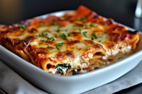 Homemade spinach and ricotta lasagna layered with melted mozzarella cheese and marinara sauce in white ceramic baking dish, garnished with fresh herbs.