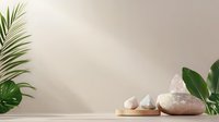 Minimalist spa composition with natural stones, crystals and tropical leaves on beige background with sunlight and shadows. Wellness and meditation concept.