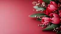 Fresh red tulips with delicate white baby's breath flowers and green leaves arranged on pink background, romantic floral composition with copy space.