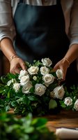 Female florist in dark apron arranging elegant white roses with green foliage on wooden surface. Moody lighting creates professional atmosphere for floral design work.